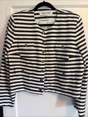 Veronica Beard Navy & White Horizontal Stripe Button-Front Jacket